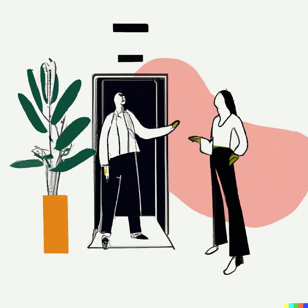 Two people in front of an elevator, one pitching to the other.