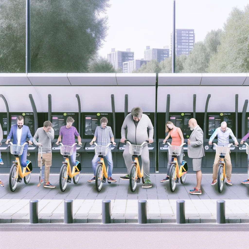 Several people with different heights and sizes trying to use bicycles of the same size.